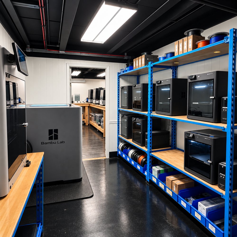 Inside the 3D Print Master shop — print farm and filament shelving in Ephrata, PA